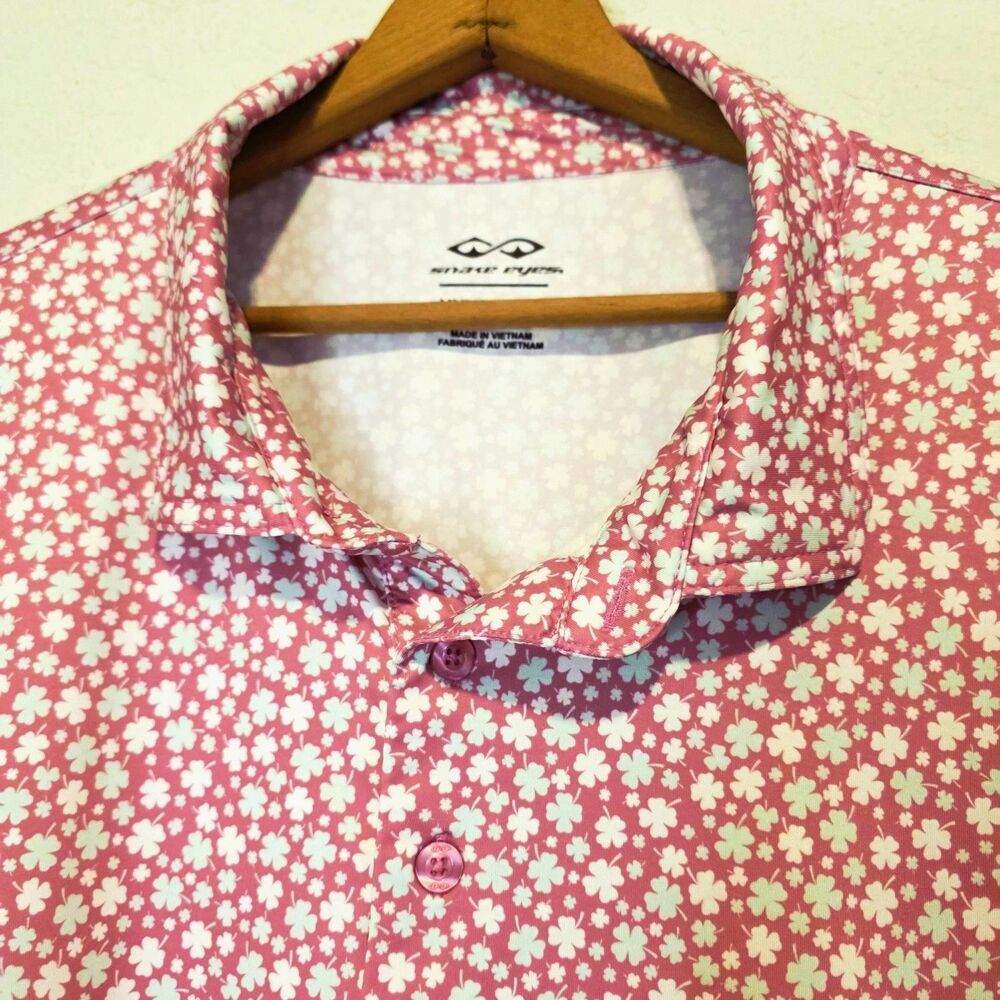 Snake Eyes Golf Polo Shirt Pink & White Clover Print Performance EUC SZ 3XL